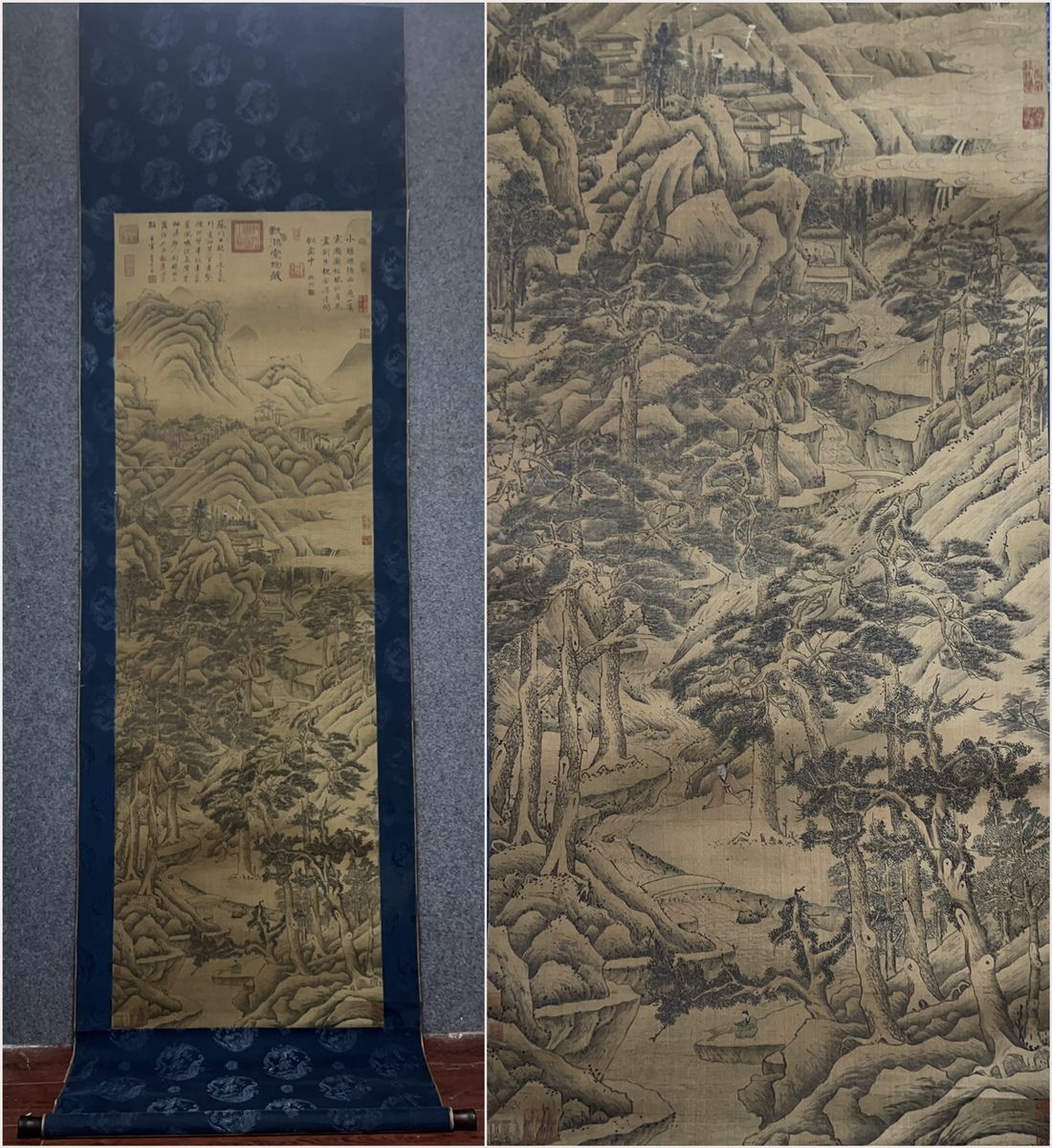 古美術 掛軸 中国・明時代 文征明書 「松壑秋溪図」 絹本 立軸 書道