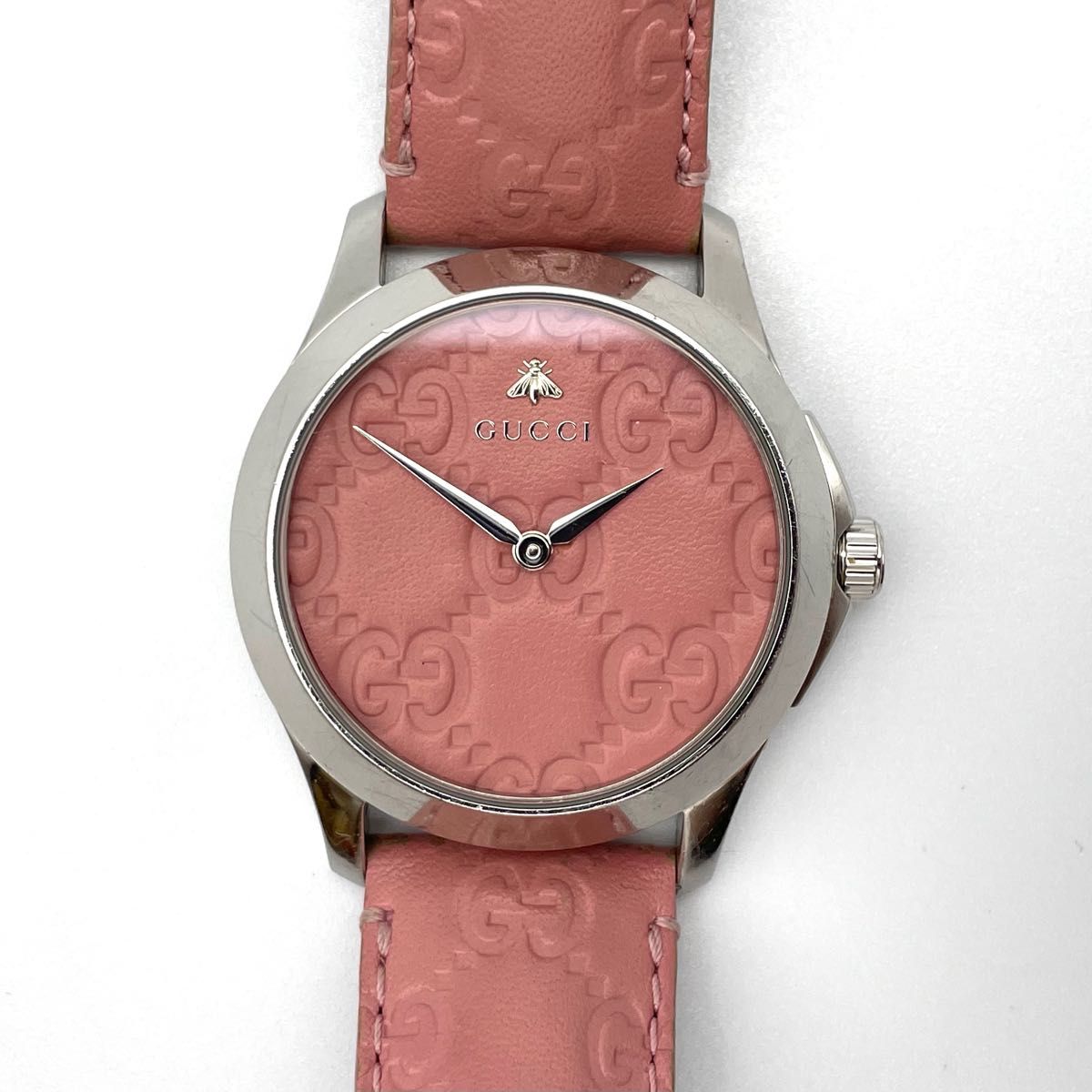【美品・稼働品】グッチ GUCCI Gタイムレス シグネチャー 126.4 ロゴ ピンク シルバー 腕時計