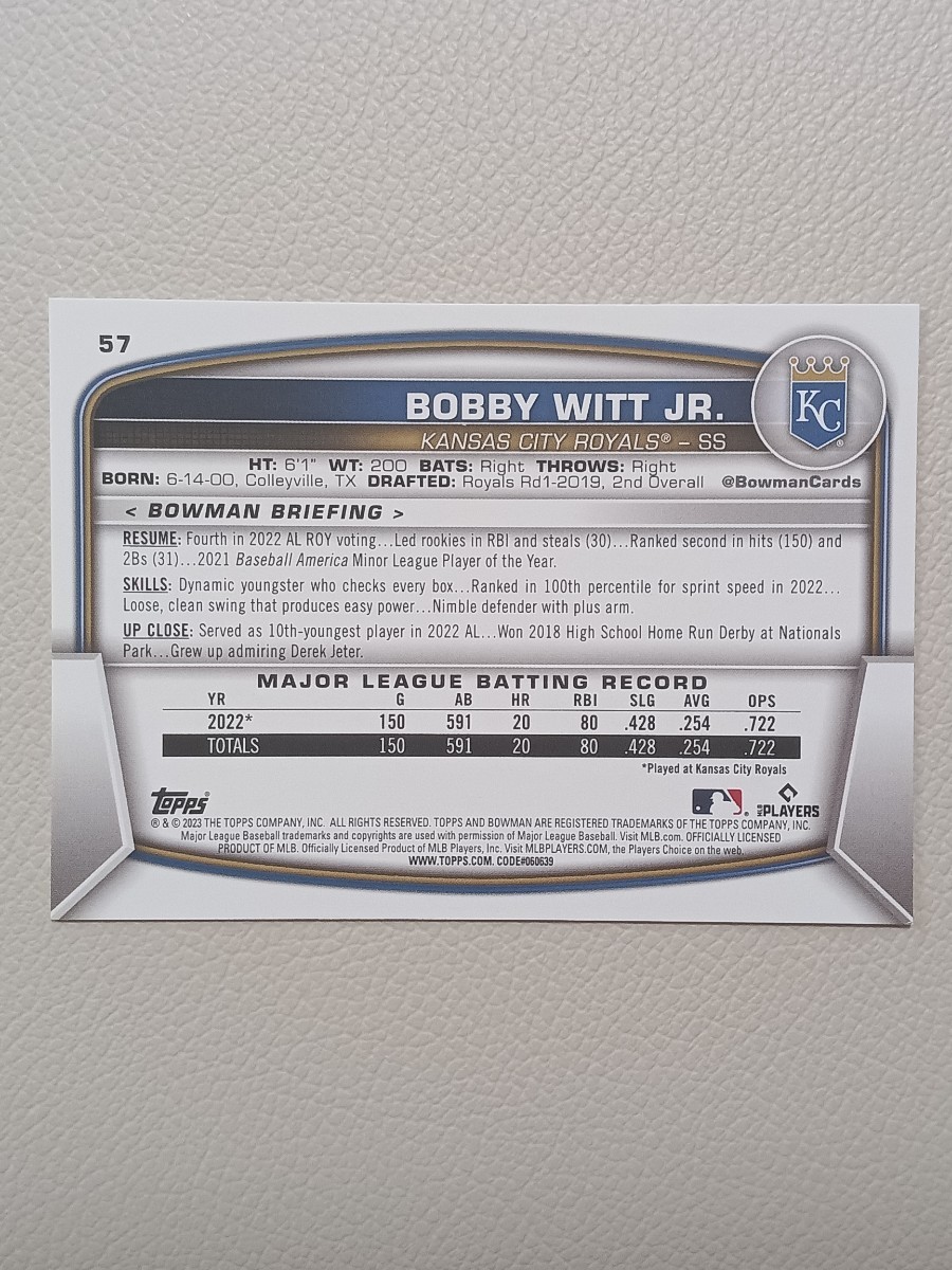 MLB 2023 TOPPS BOWMAN ボビー ウィット JR. BOBBY WITT JR. ベース #57_画像2