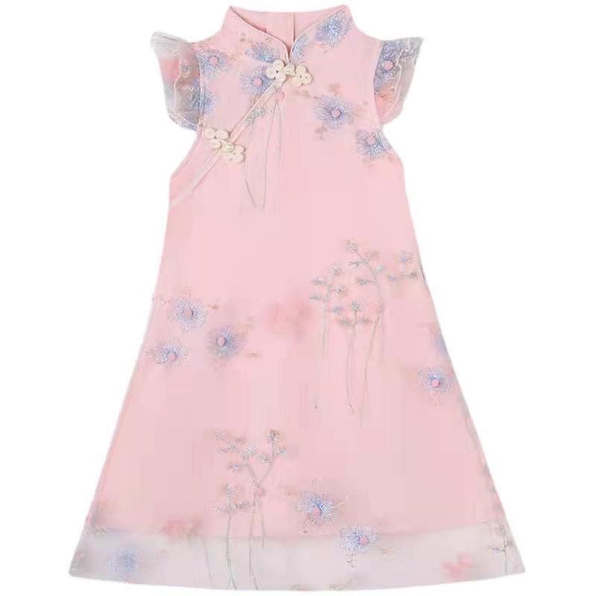 女の子 チャイナ風 ワンピース チャイナ風ドレス ピンク お花 刺繍 パーティードレス 可愛い 綺麗 涼しい 120