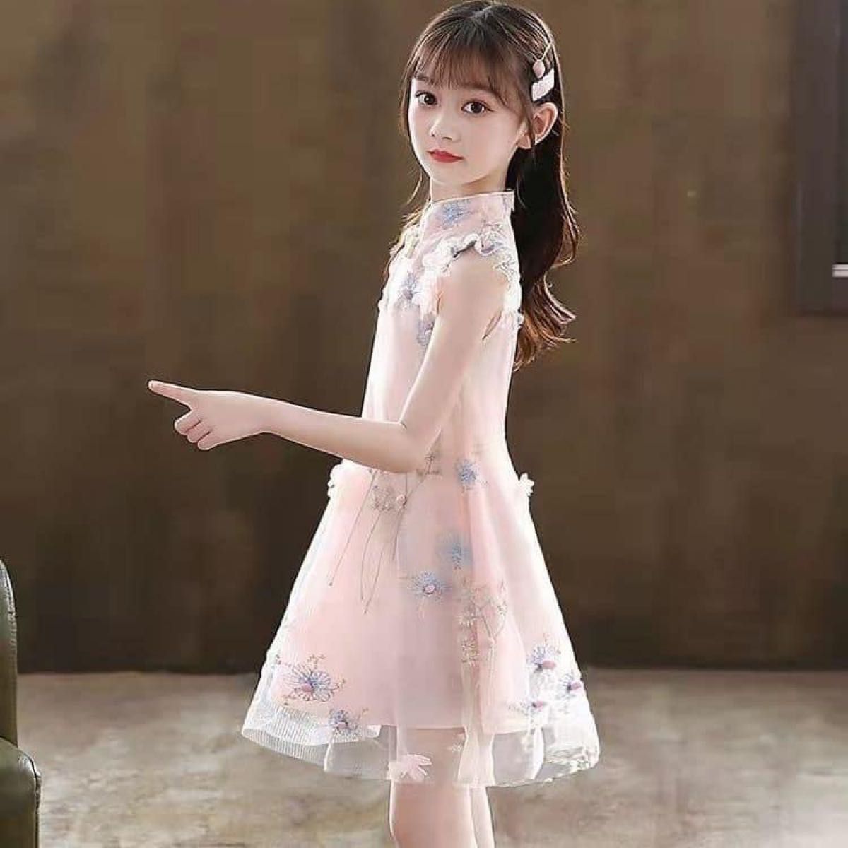 女の子 チャイナ風 ワンピース チャイナ風ドレス ピンク お花 刺繍 パーティードレス 可愛い 綺麗 涼しい 150