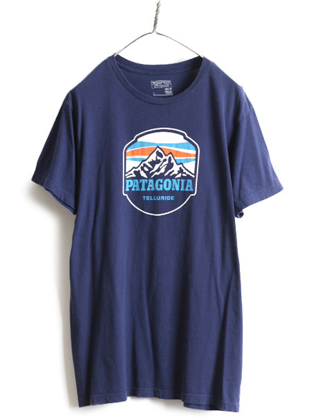 限定 USA製 ■ パタゴニア パウダー ピークス プリント 半袖 Tシャツ メンズ L 古着 Patagonia アウトドア グラフィック スリムフィット 紺_画像1