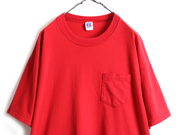 90s USA製 大きいサイズ XL ■ ラッセル 無地 ポケット付き 半袖 Tシャツ メンズ / 90年代 オールド RUSSELL ポケT ヘビーウェイト レッド_画像2