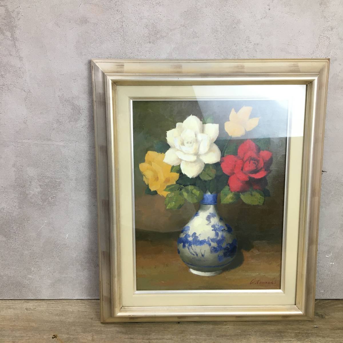 岩崎千明 『薔薇』 油彩 F6号 静物画 油絵 バラ ばら 額縁 額装 岩崎千明 『薔薇』 油彩 F6号 静物画 油絵 バラ ばら 額縁 額装
