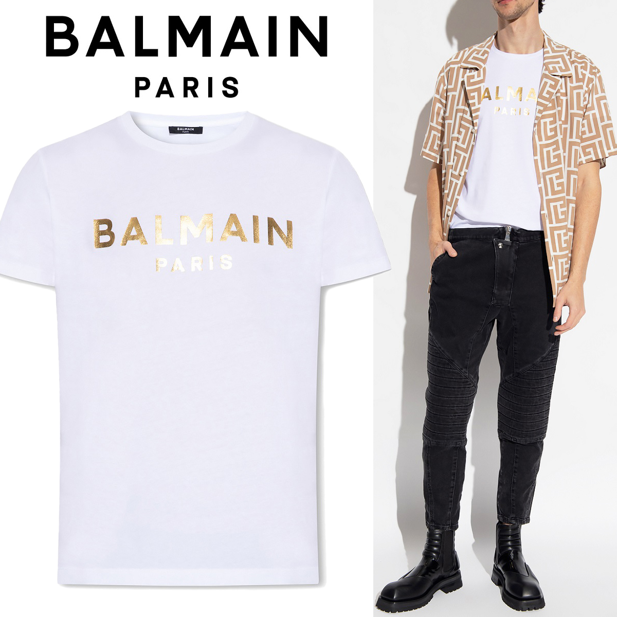 送料無料 21 BALMAIN バルマン AH1EF000 BB29 GAD ホワイト Tシャツ ロゴ 半袖 size M