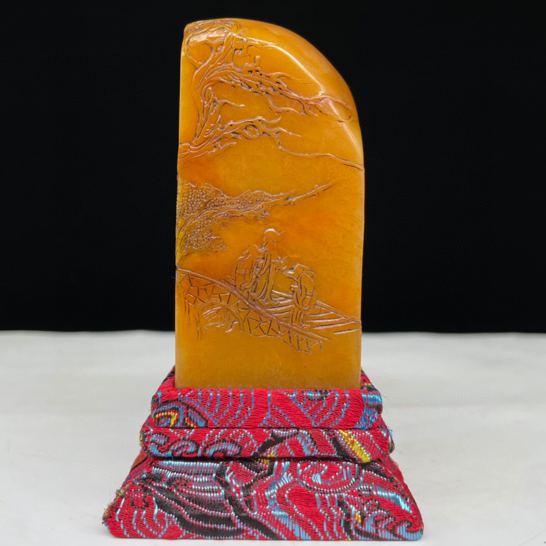 正規品質保証】 寿山石・田黄石・細密彫・山水人物紋印章『収蔵家蔵