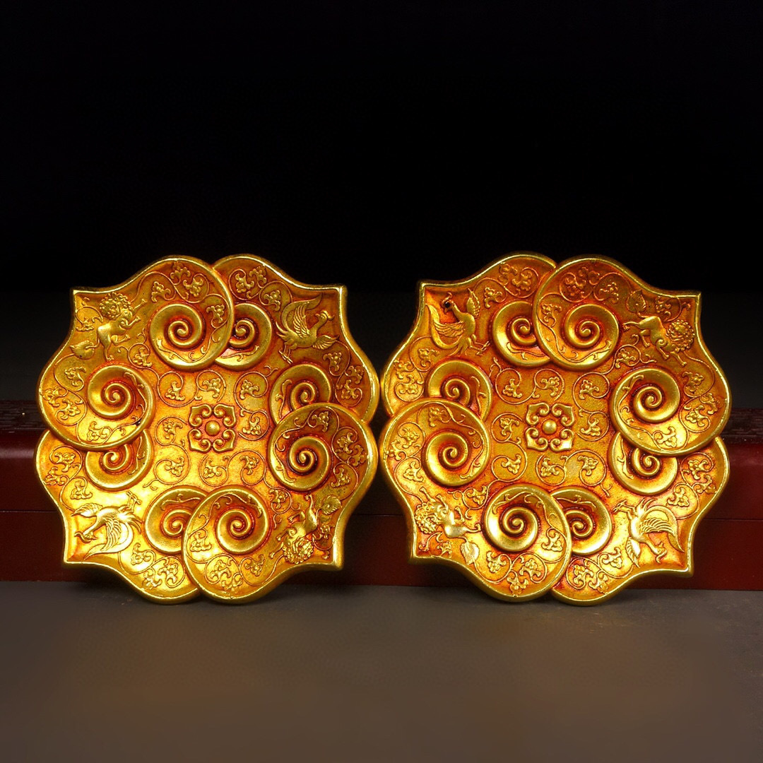 柔らかい 銅製・塗金・神獣紋・點心盤一對『収蔵家蔵』稀少珍品・置物