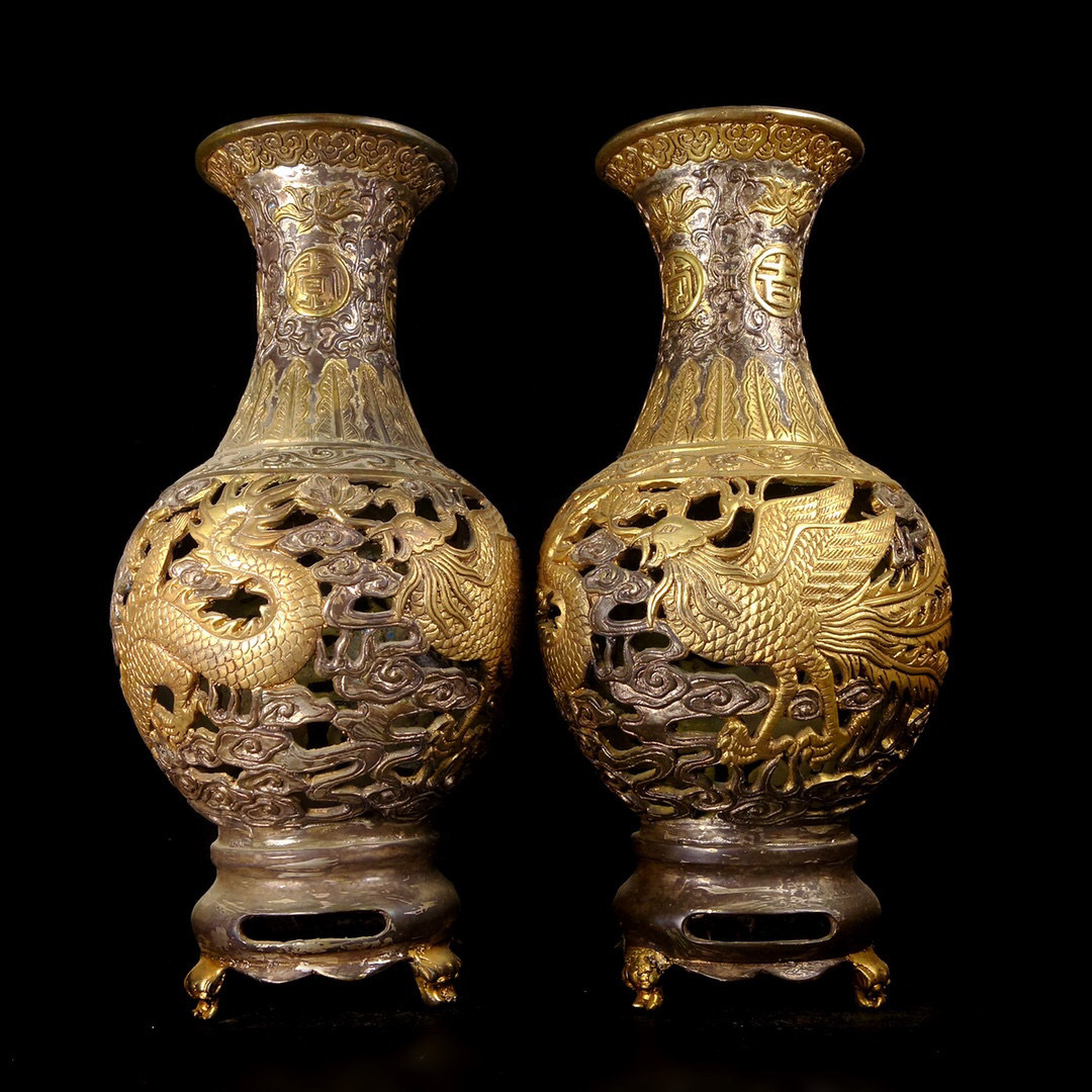 年末のプロモーション 銅製・塗金・龍鳳瓶一對『収蔵家蔵』稀少珍品