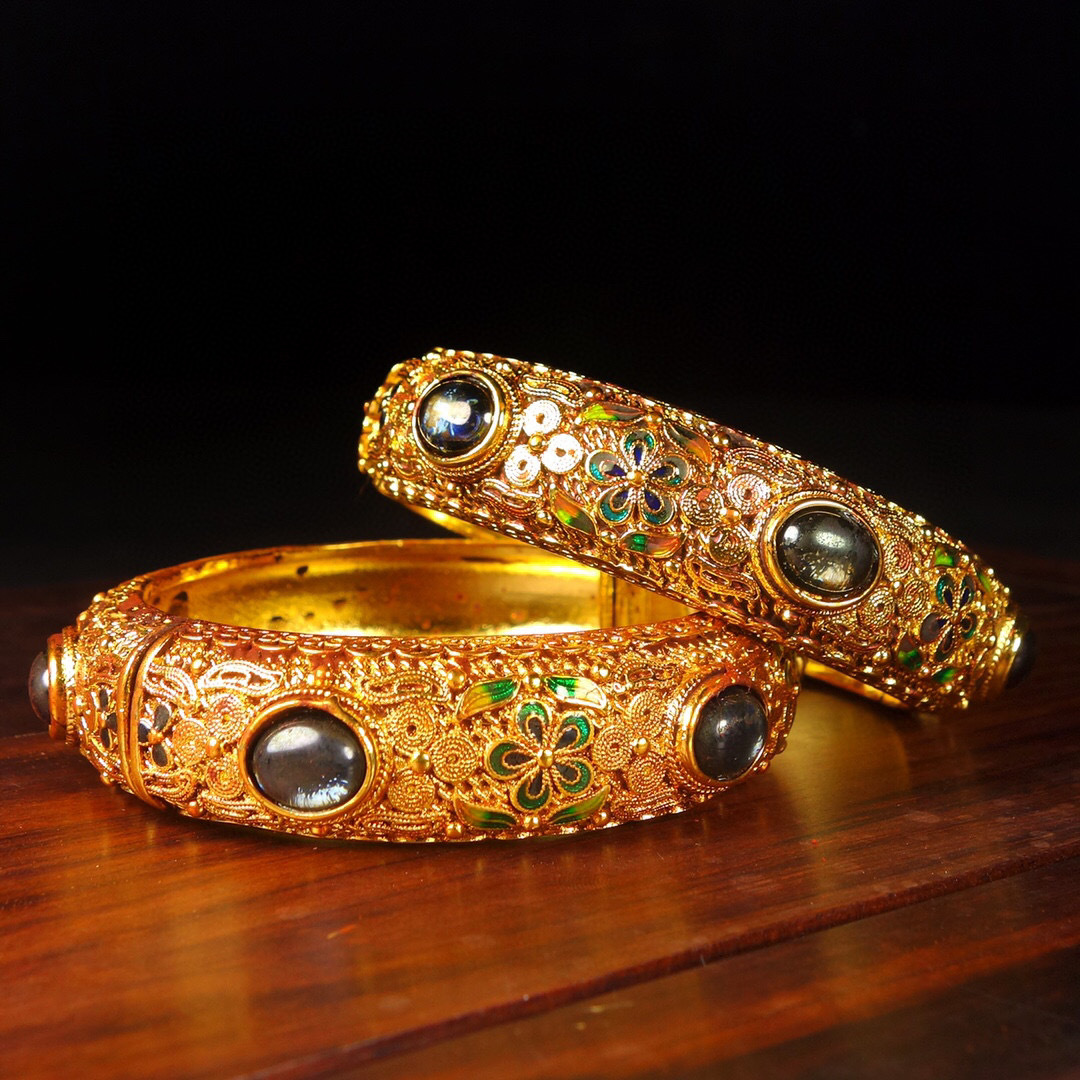 銅製・塗金・多寶嵌・腕輪一對『収蔵家蔵』稀少珍品・置物・古賞物・中国古美術