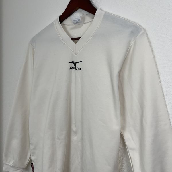 MIZUNO ミズノ メンズ 長袖 Tシャツ トップス スポーツ ウェア 練習着 Sサイズ ホワイト 白色 無地 Vネック ロゴ ワンポイント カジュアル