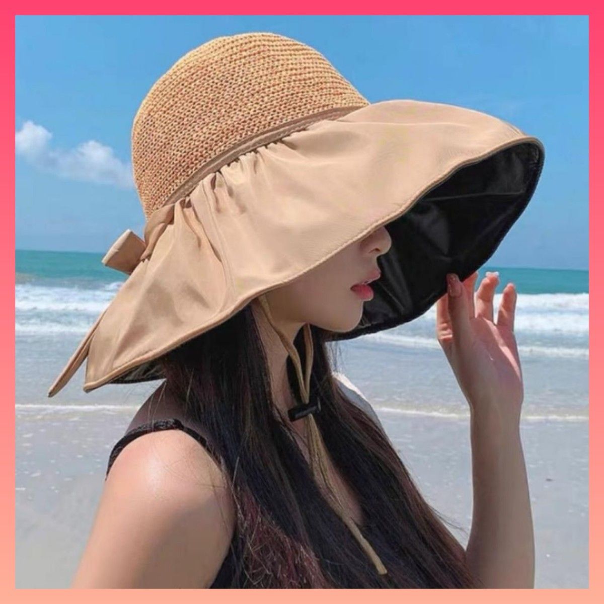 【匿名配送】レディース 日よけ帽子 ブラウン 紫外線対策 UVカット 日焼け防止 麦わら帽子 UVカット ストローハット リボン