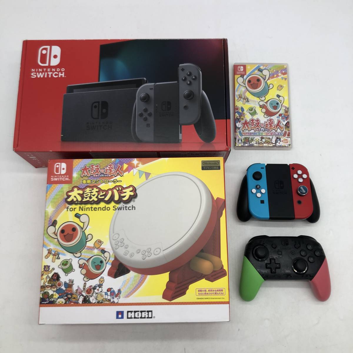 (18061)〓【1円～】Nintendo Switch本体 + 太鼓の達人 ソフト&コントローラー + Joy-Con&プロコンセット  HAC-001(-01) 中古品