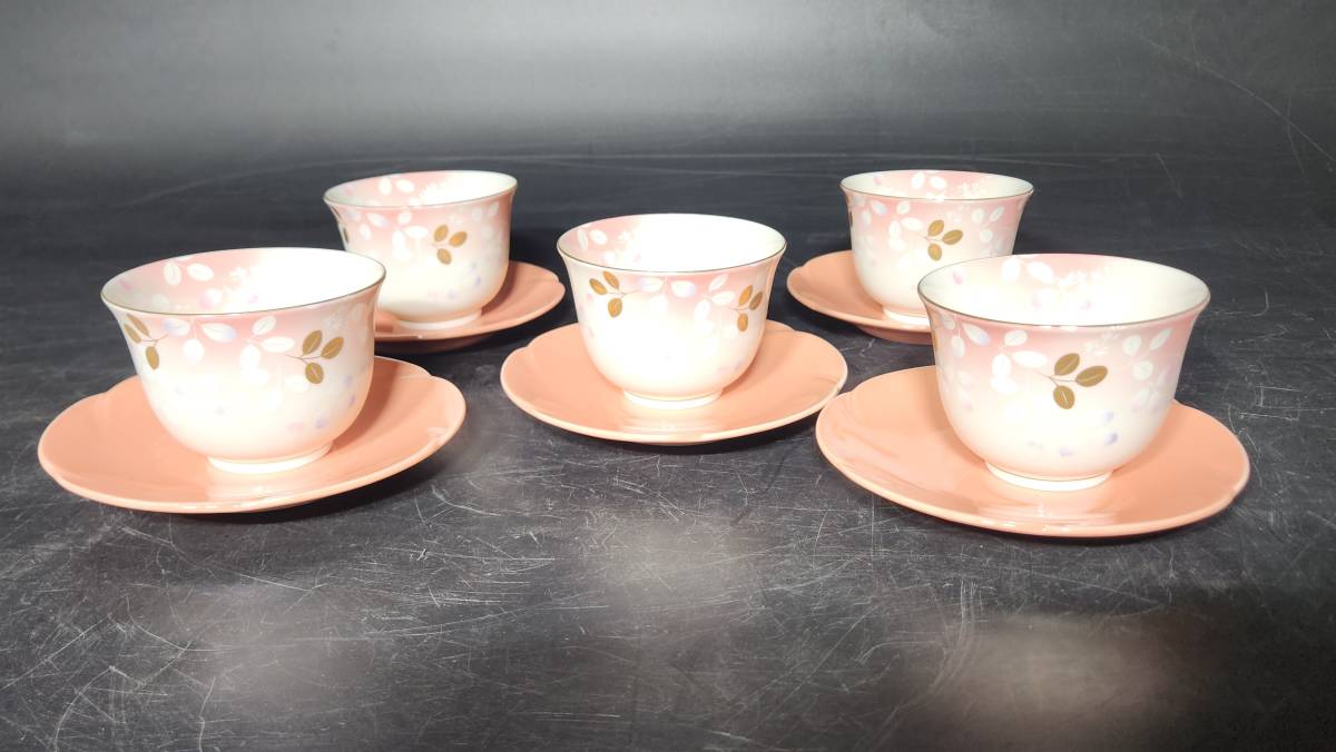 【美品】宇野千代デザイン　湯飲み茶托5組セット　来客用　陶器　ピンク　桜色　かわいい　和ポップ　茶道具　_画像1