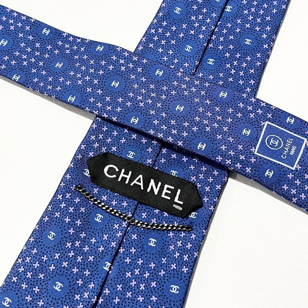 美品 CHANEL シャネル シルク ココマークロゴネクタイ 金チェーン 希少-