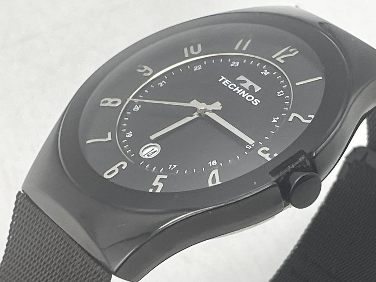 TECHNOS Tecnos подлинный товар полный черный мужские наручные часы T9549 сетка breath модель работа не проверено гарантия нет 