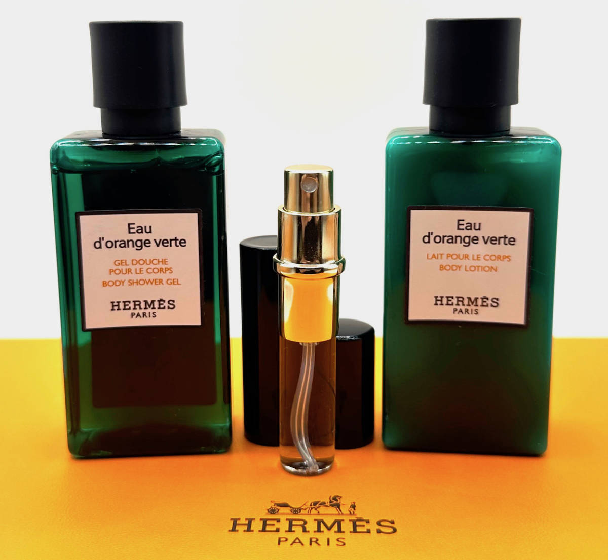 ★HERMES・EAU D'ORANGE VERTE オードランジュヴェルトEDC.3.5ml SPRAY & BODY SHOWER GEL 40ml & BODY LOTION 40mlの3点セット/箱無_画像3