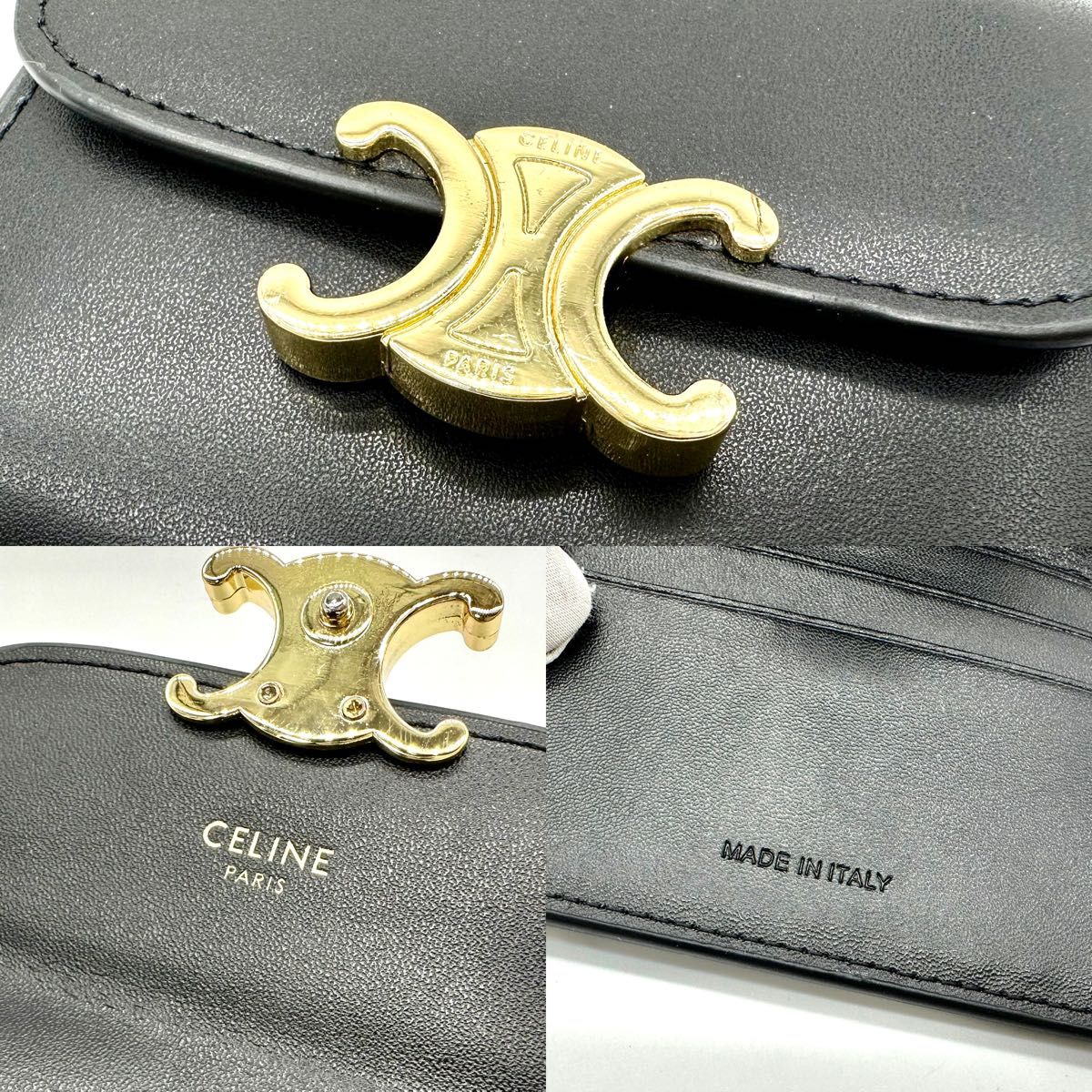 【極美品】セリーヌ CELINE 三つ折り財布 wallet スモールウォレット シャイニーカーフ トリオンフ ブラック レザー