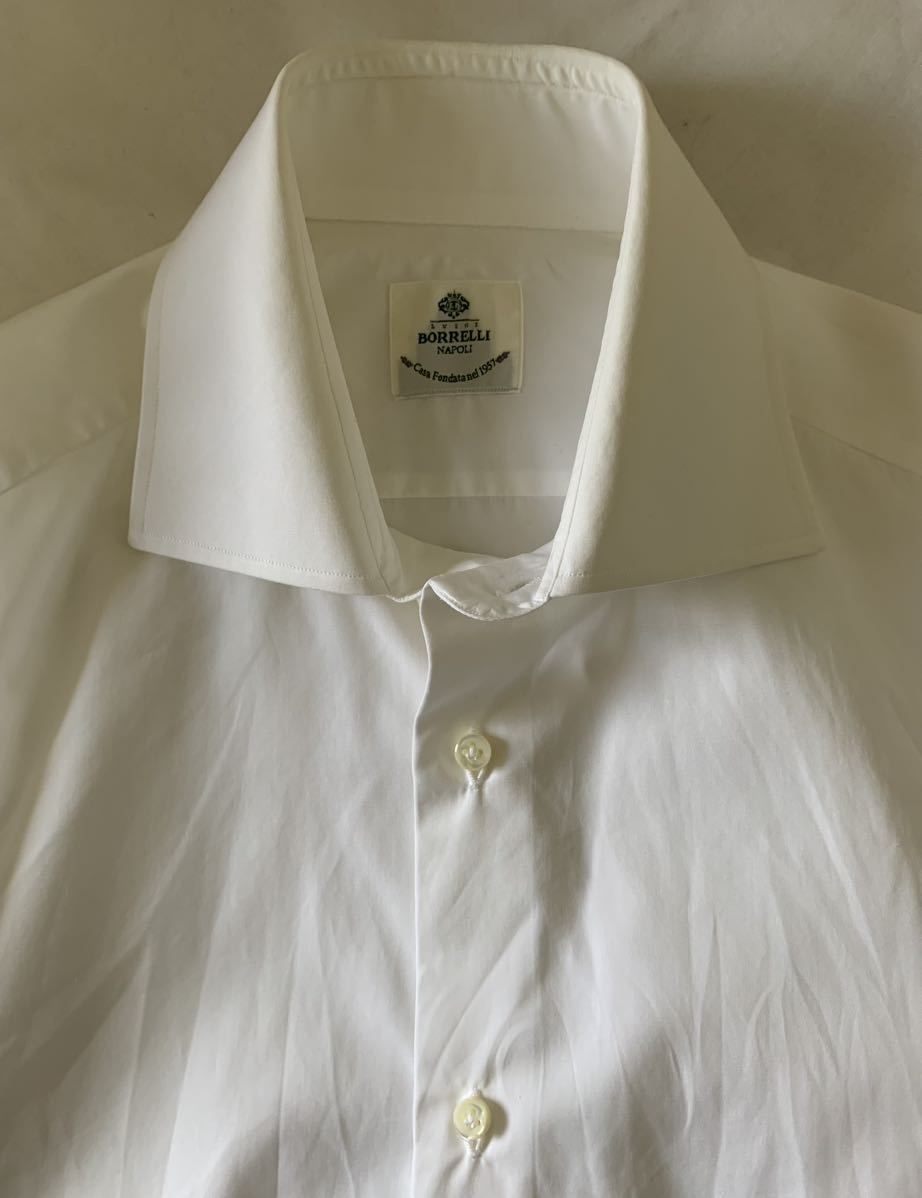 SIZE 37 ルイジボレッリ LUIGI BORRELLI コットンポプリン セミワイドカラーシャツ LUCIANO ルチアーノ WHITE  ドレスシャツ shirts