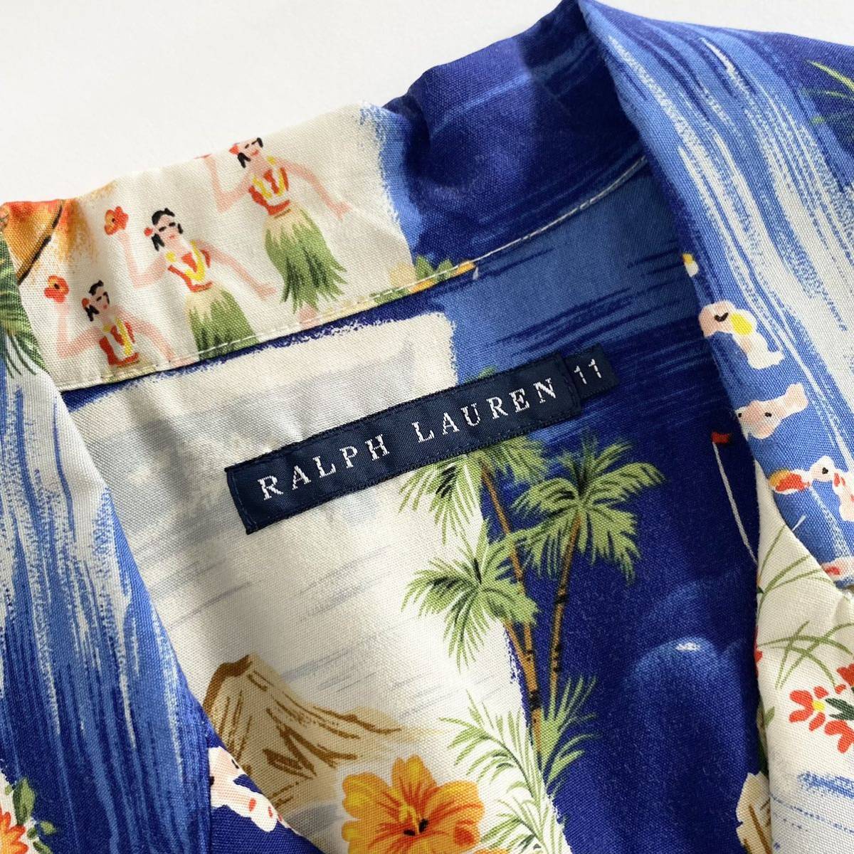 ○40f30《美品》Ralph Lauren ラルフローレン アロハシャツワンピース 11 ブルー レディース 春夏 半袖 ドレス ALOHA SHIRT ハワイアン_画像7