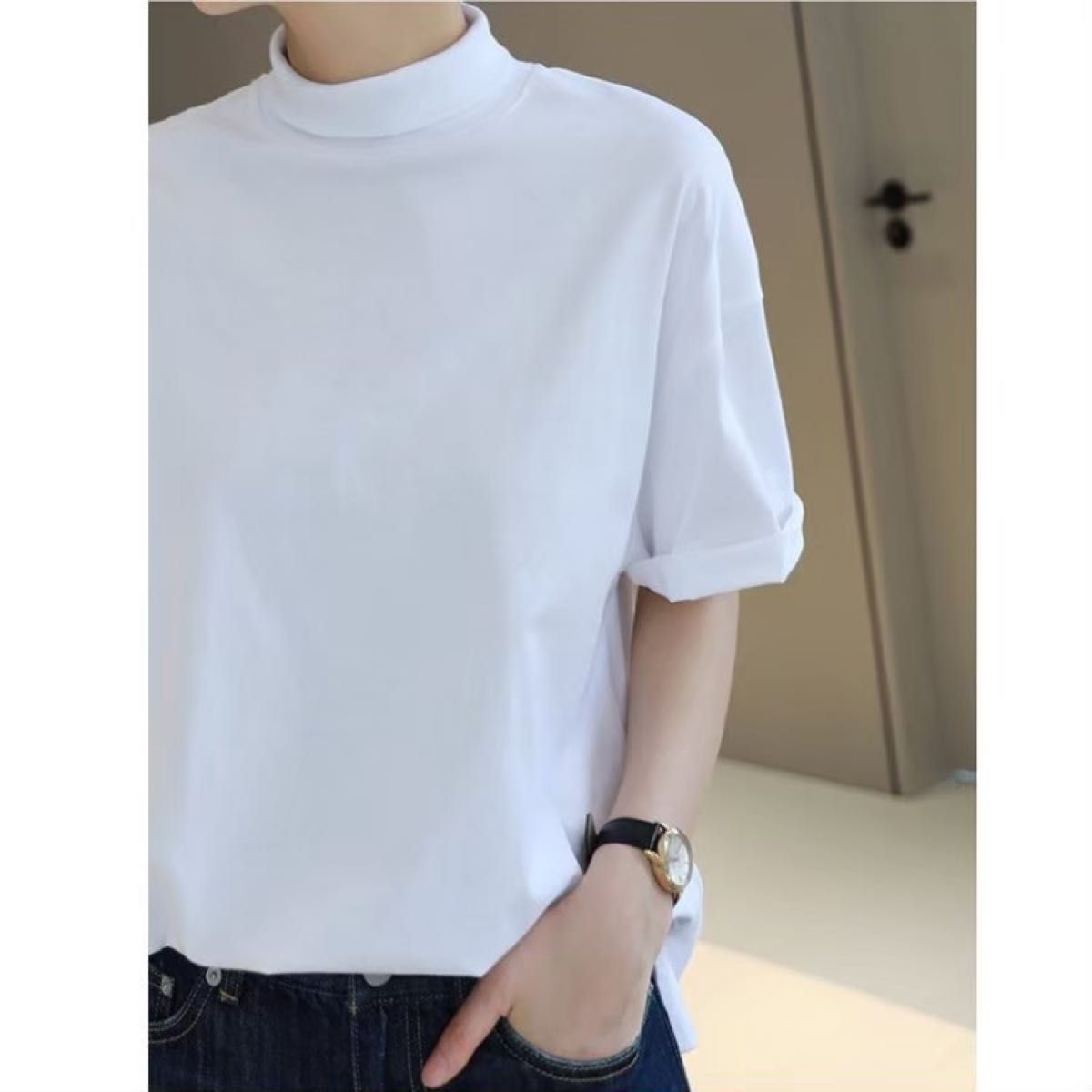 ハイネック　半袖　tシャツ　カットソー　L ホワイト　ドロップショルダー　無地　韓国　モノトーン　シンプル　モード　オルチャン　白