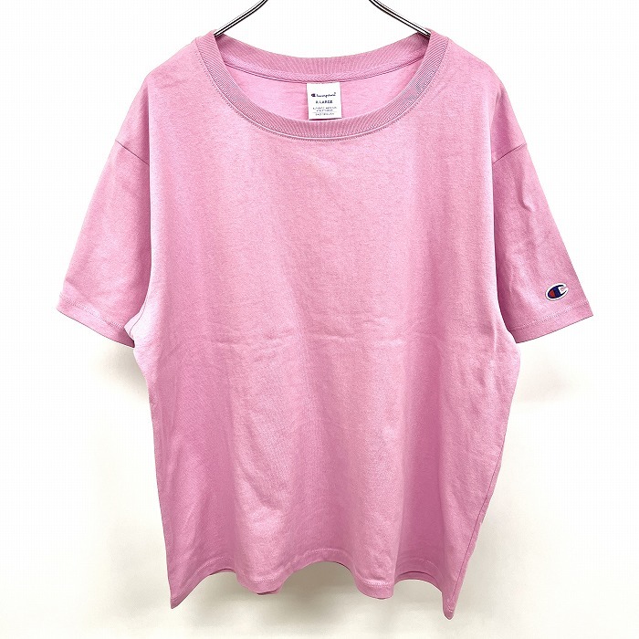 チャンピオン 【新品】Champion Tシャツ 半袖 丸首 袖にロゴパッチ プルオーバー 綿100% XL 杢ピンク 杢ラベンダーピンク系 レディース_画像1