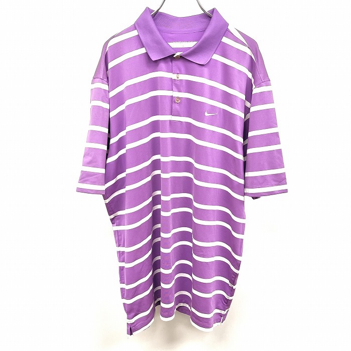 ナイキ ゴルフ NIKE GOLF ポロシャツ 半袖 ボーダー ロゴ刺繍 プルオーバー カットソー 3つボタン ポリ100% XL パープル 紫×白 メンズ