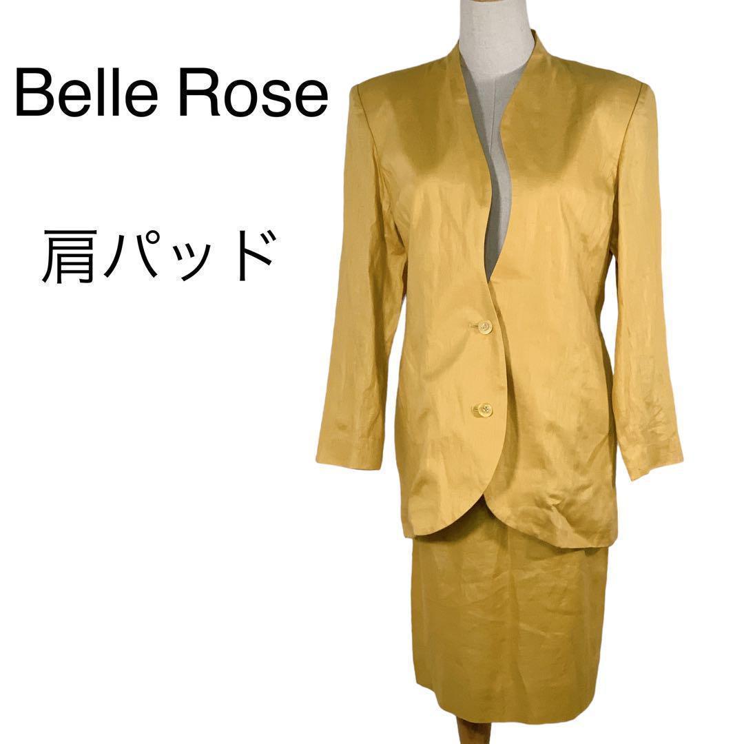 M25-14 Belle Rose ベルローズ アシンメトリー セットアップスーツ 肩パッド キャメル 昭和レトロ 膝丈スカート レディース サイズ9AR_画像1