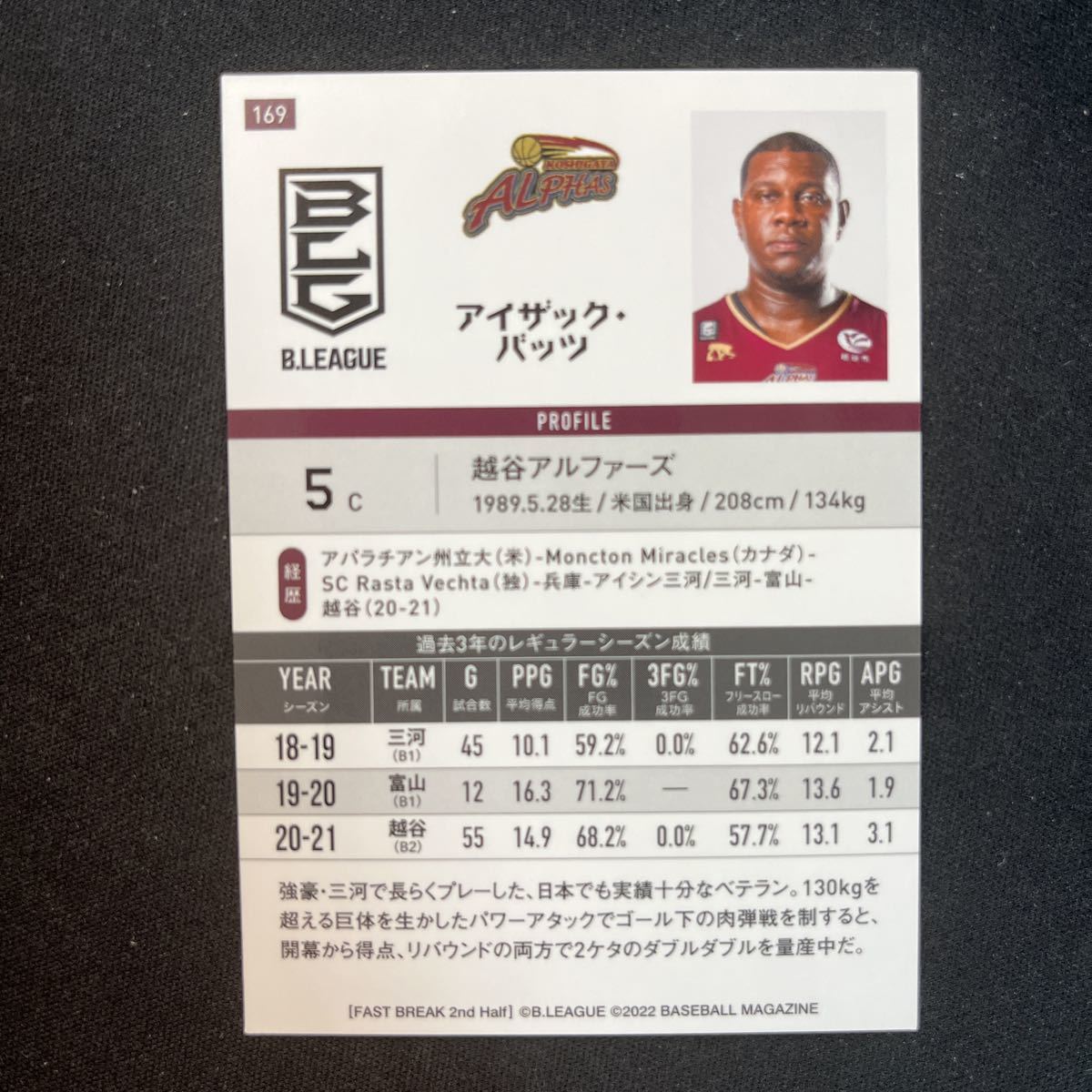 2022 BBM Bリーグ FAST BREAK アイザック・バッツ 越谷アルファーズの画像2