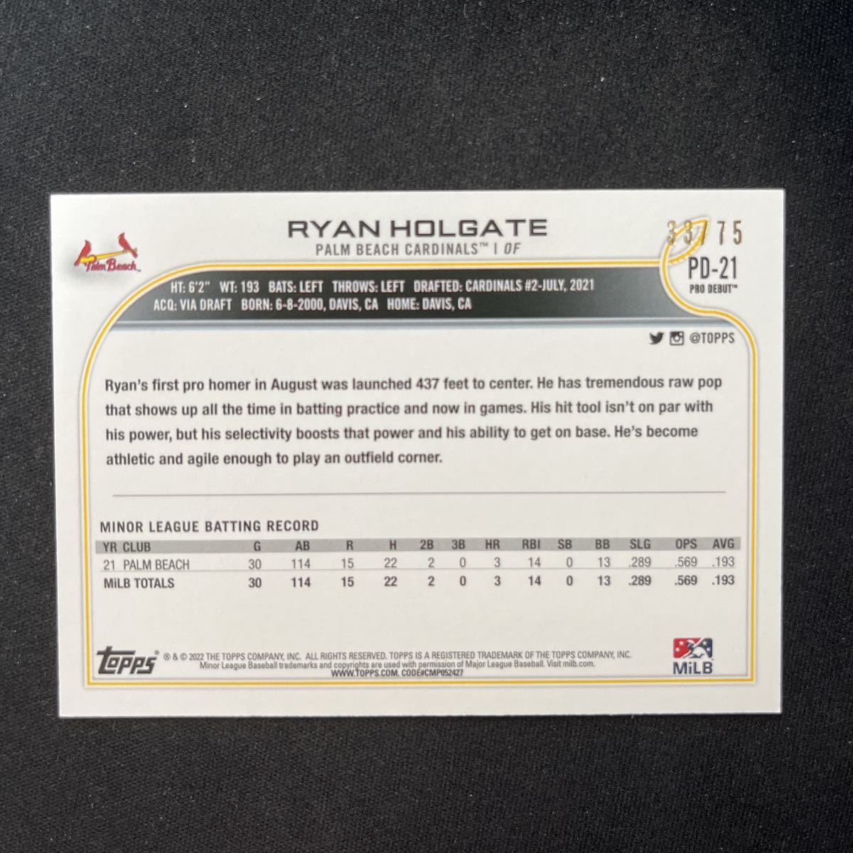 2022 Topps Pro Debut Base Fuchsia Ryan Holgate 75枚限定_画像2