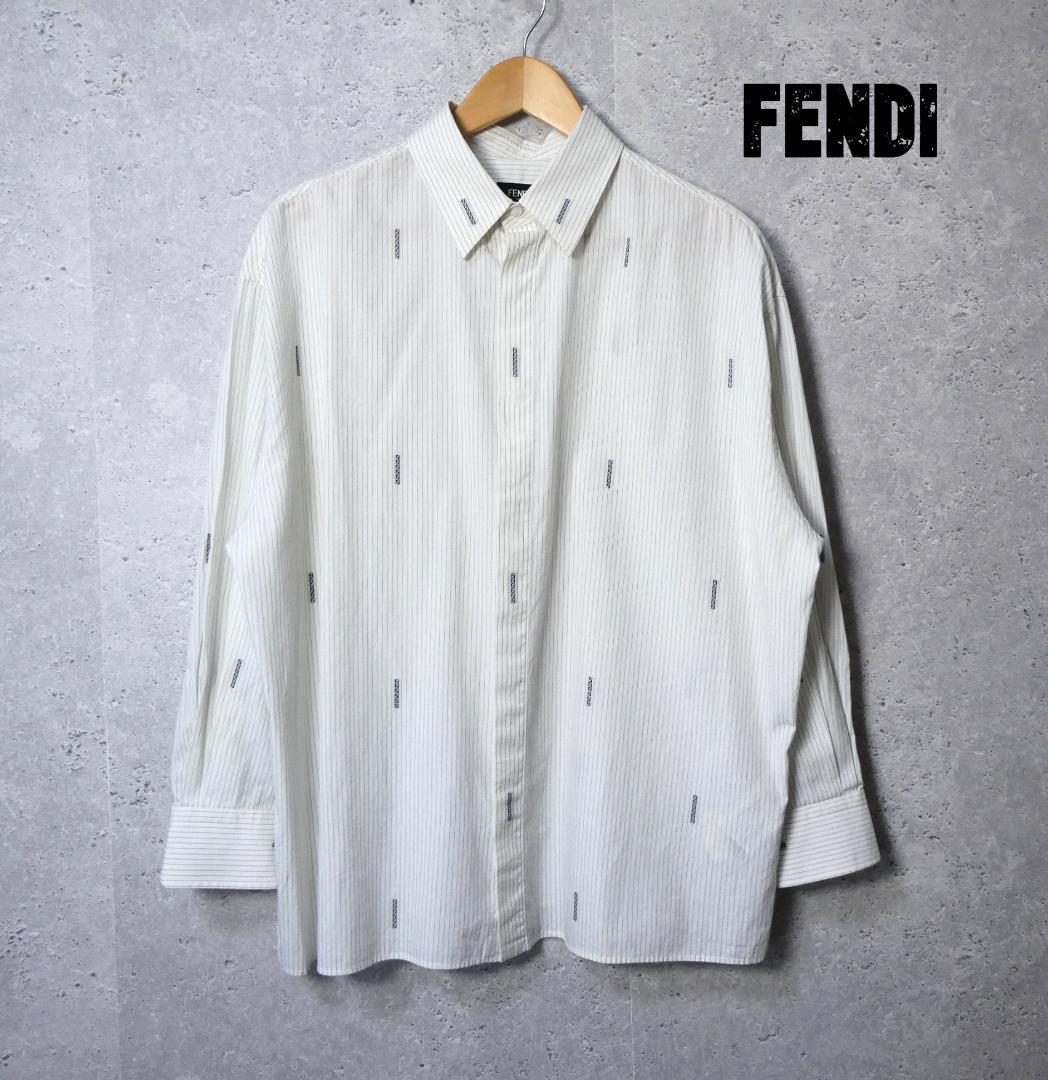 美品 FENDI フェンディ FF ズッカ ピンストライプ柄 長袖 シャツ ワイシャツ 41 オフホワイト A2170