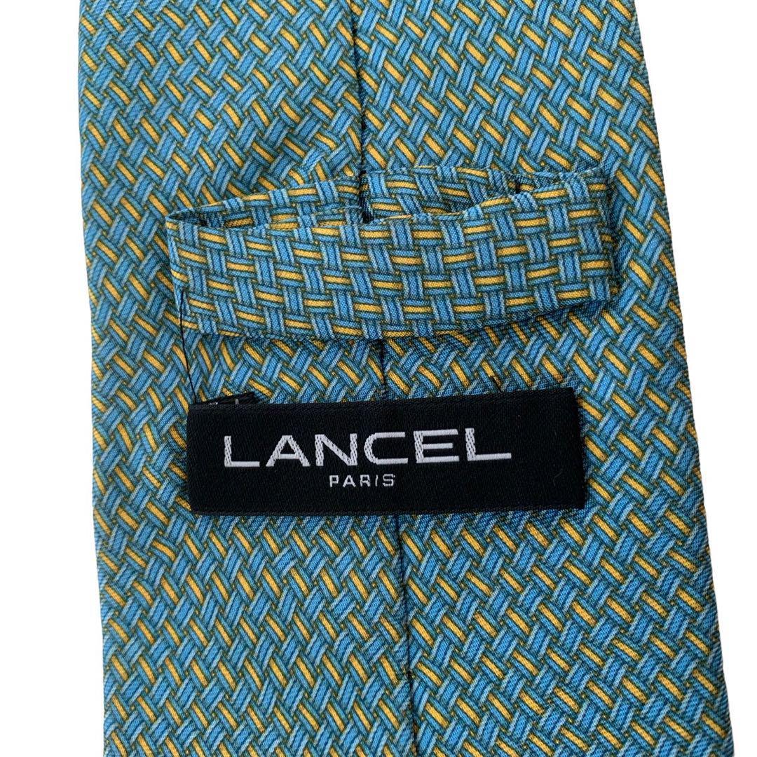 LANCEL ランセル ネクタイ 水色 黄色 網 総柄 シルク_画像5