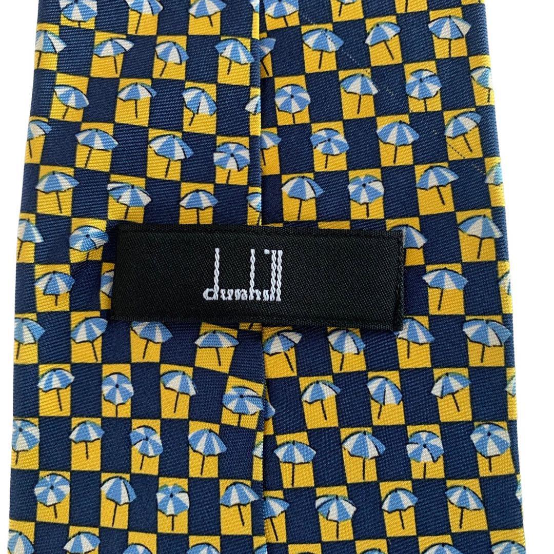 dunhill ダンヒル ネクタイ ネイビー 黄色 傘 総柄 シルク100%美品