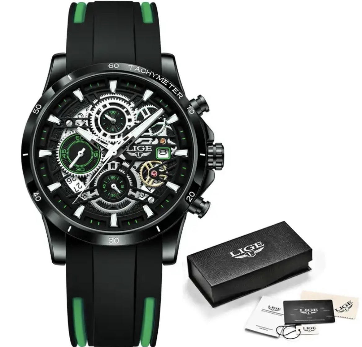 新品#Lige メンズ 腕時計 中空 クロノグラフ 防水 ウォッチ 時計 シリコンバンド グリーン_画像1