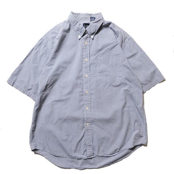 90's ギャップ GAP ギンガムチェック コットン ボタンダウンシャツ 半袖 (L) 青×白 90年代 旧タグ オールド 青タグ Y2K