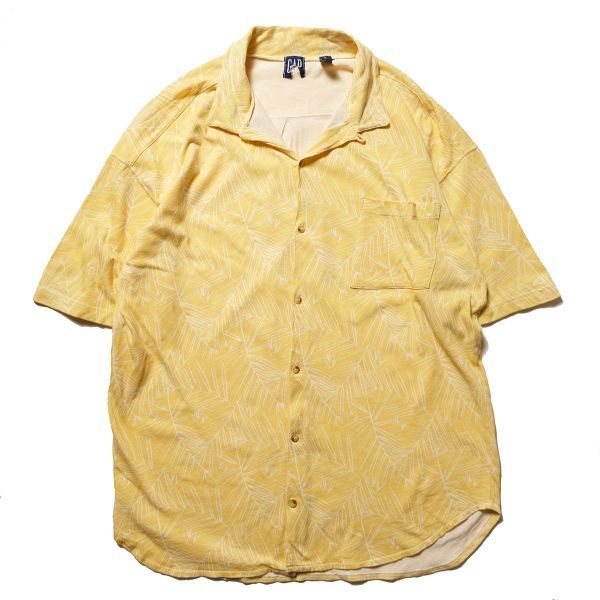 90's ギャップ GAP オープンカラー コットン シャツ 半袖 (XL) 黄色 総柄 天竺 ハワイアンシャツ 90年代 旧タグ オールド デカタグ Y2K_画像1