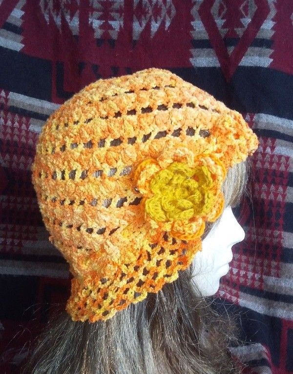 夏色オレンジ系お花モチーフ取り外し可能とリボンの鉤針編み帽子ハンドメイド