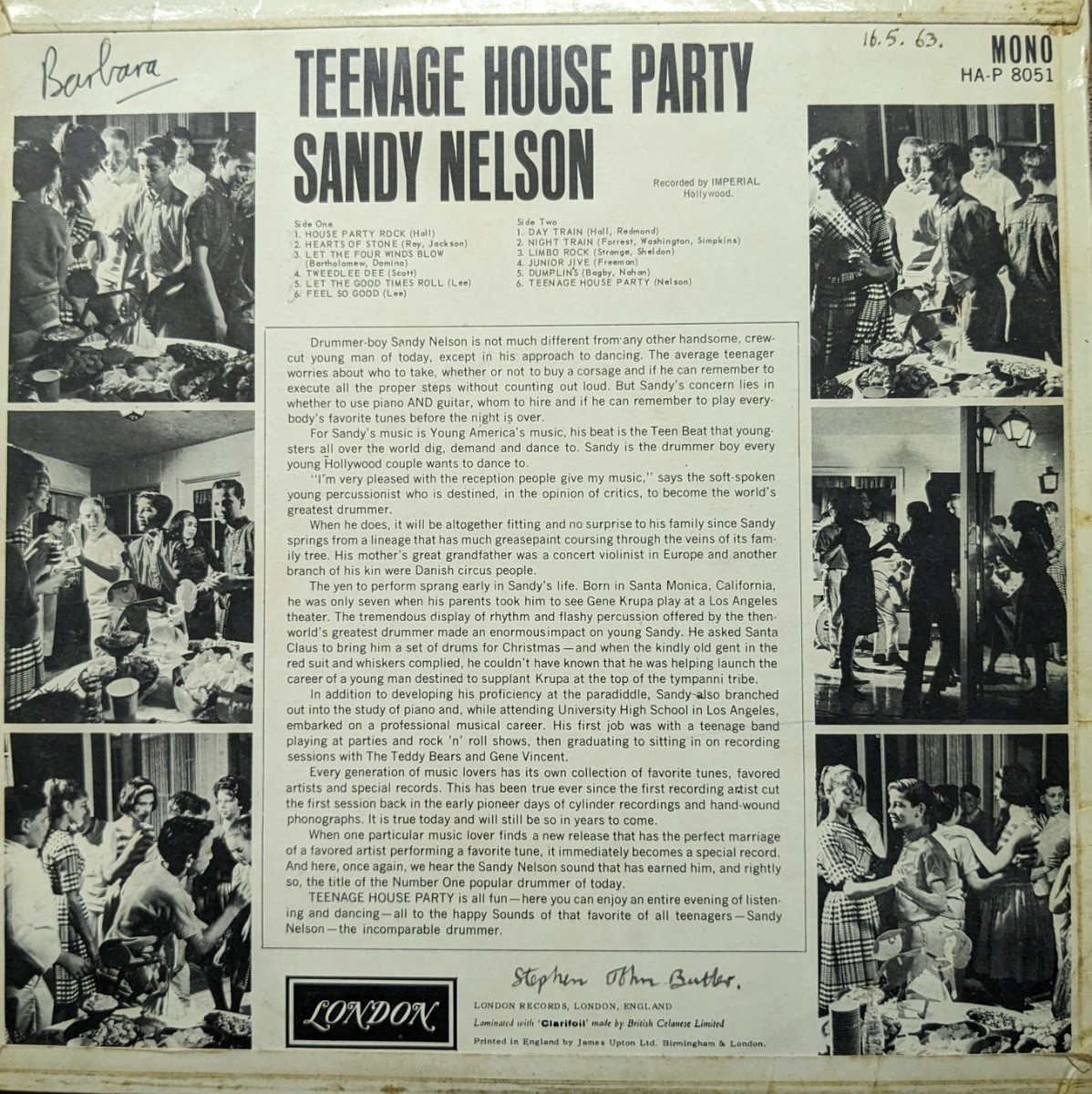 ◎特選◎SANDY NELSON/TEENAGE HOUSE PARTY 1962'UK LONDON MONO_画像2
