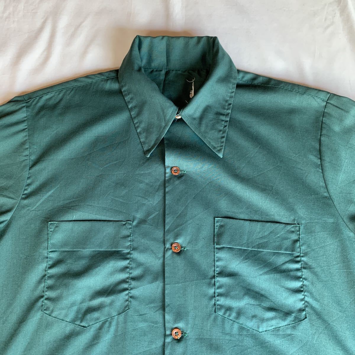 70s OPEN COLLAR SHIRT ヴィンテージ ビンテージ オープンカラーシャツ 開襟シャツ ボックスシャツ 無地シャツ GREEN 緑 60s 送料無料_画像4