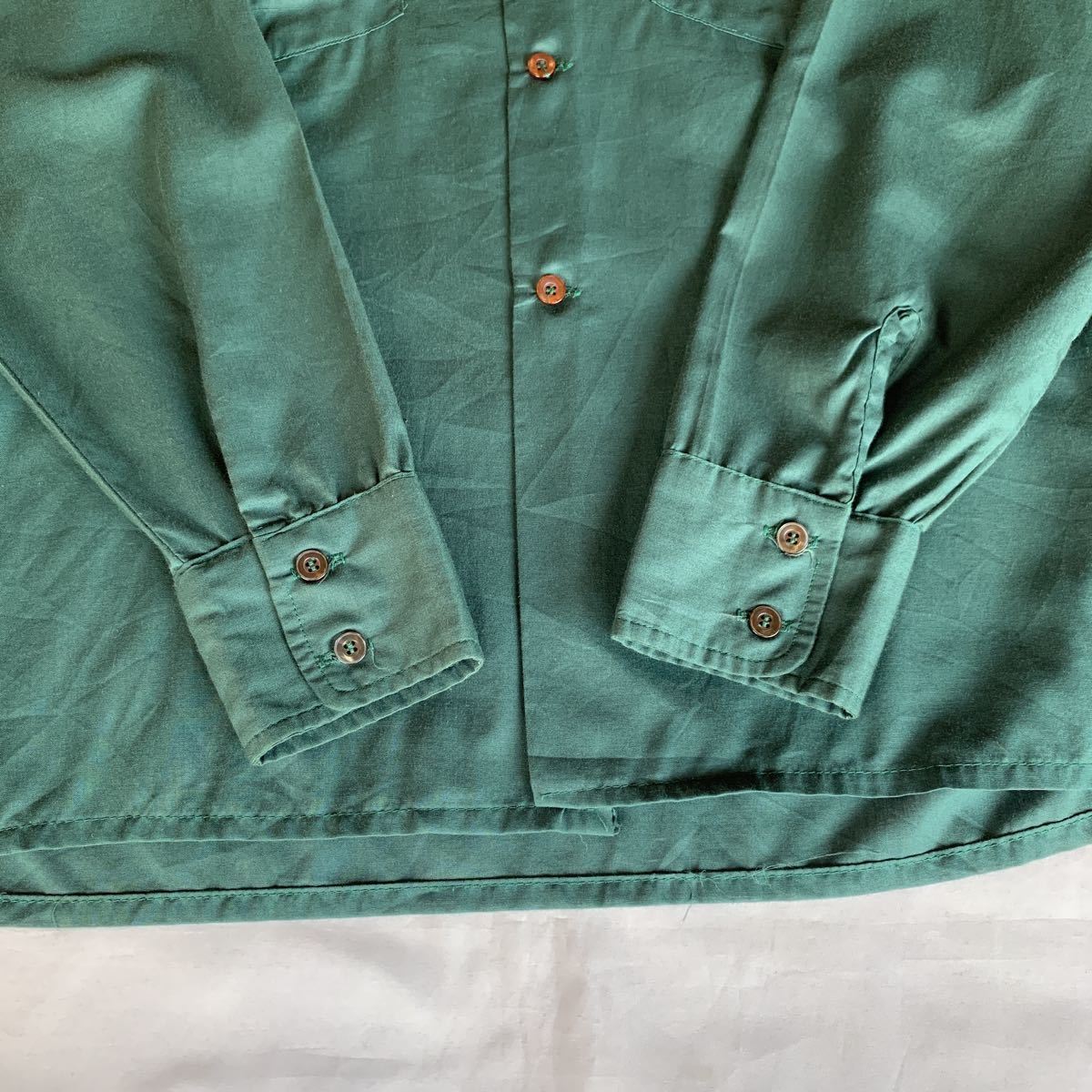 70s OPEN COLLAR SHIRT ヴィンテージ ビンテージ オープンカラーシャツ 開襟シャツ ボックスシャツ 無地シャツ GREEN 緑 60s 送料無料_画像5