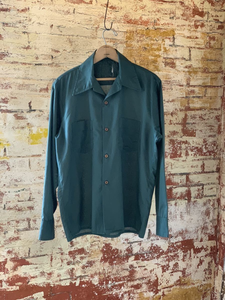 70s OPEN COLLAR SHIRT ヴィンテージ ビンテージ オープンカラーシャツ 開襟シャツ ボックスシャツ 無地シャツ GREEN 緑 60s 送料無料