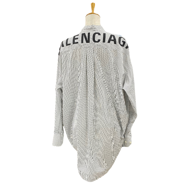 BALENCIAGA Balenciaga 520497 News wing car tsu ribbon attaching stripe shirt long sleeve back Logo cotton [ size 32]