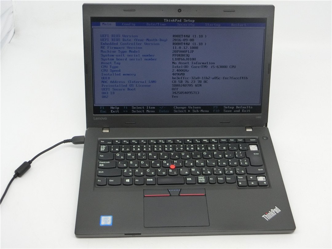 中古Lenovo ThinkPad 　L460　 第6世代COREI5　6300U　4GB　14型　 BIOSまで表示　ノートパソコン　　詳細不明　　ジャンク扱い