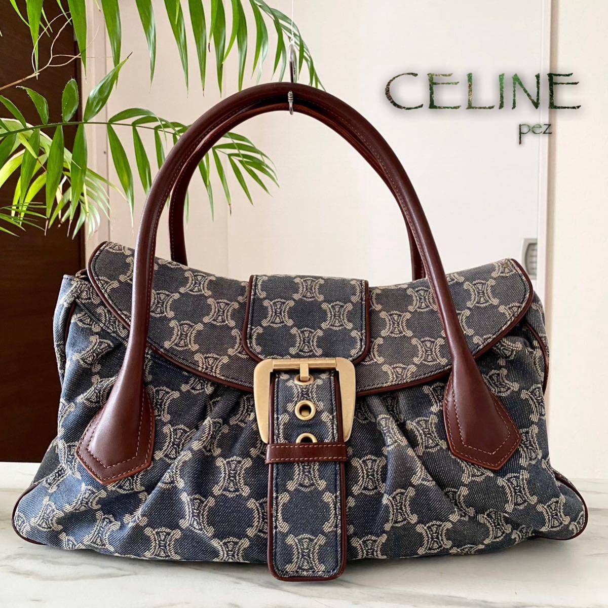 極美品 CELINE セリーヌ マカダム デニムレザートートバッグ レディース 牛革 本革 肩掛け ハンド A4 ブルー 青 ブラウン 茶 ビジネス 通勤_画像1