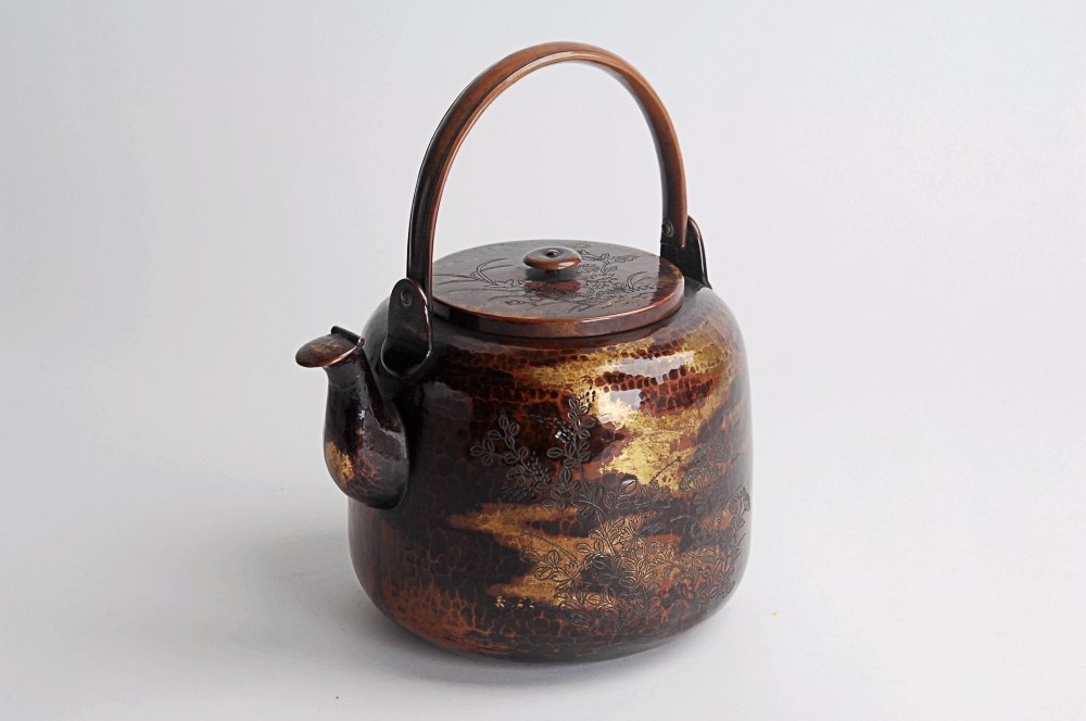 鍍金銅　槌目　四君子文　薬缶　水注　湯沸かし　茶道具