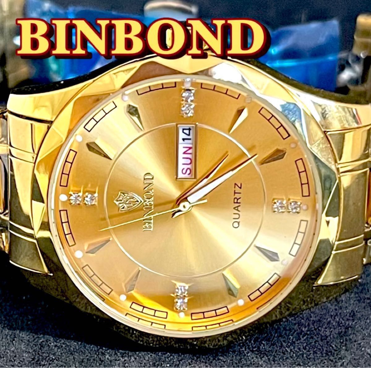 新品 BINBOND オマージュウォッチ ステンレスベルト メンズ腕時計 ゴールド デイデイト