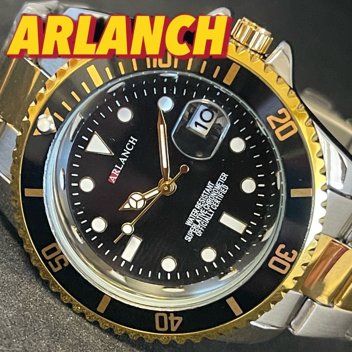 新品 ARLANCH オマージュウォッチ  ブラック＆ゴールド コンビバンド メンズ腕時計