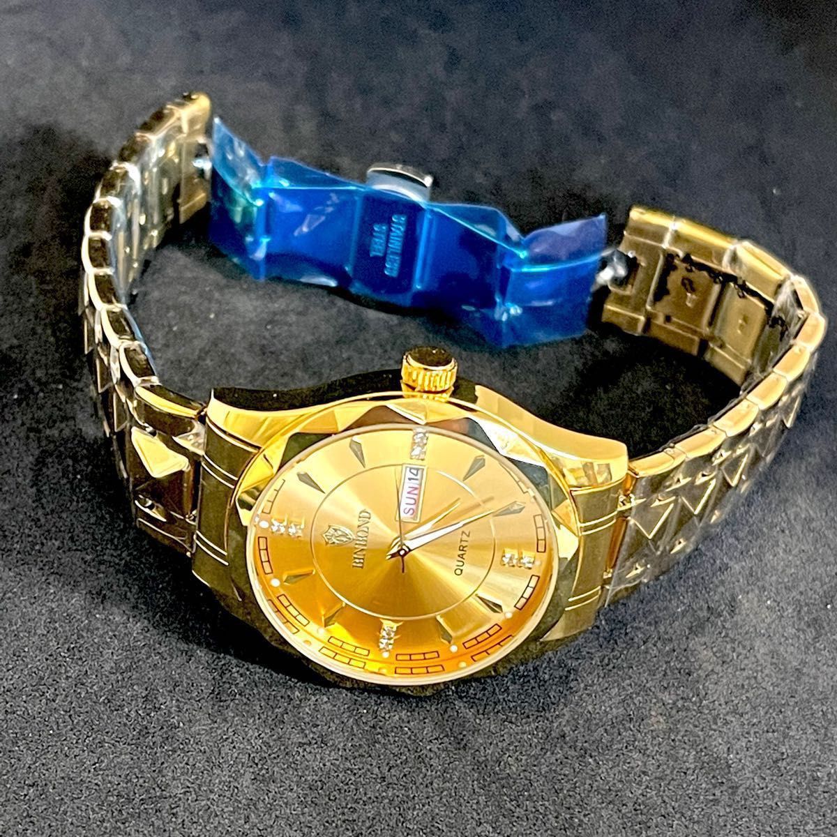 新品 BINBOND オマージュウォッチ ステンレスベルト メンズ腕時計 ゴールド デイデイト