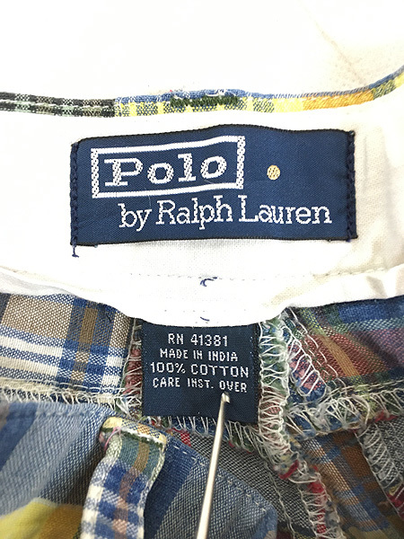 古着 Polo Ralph Lauren カラフル チェック パッチワーク ショーツ ショート パンツ W35 古着_画像7