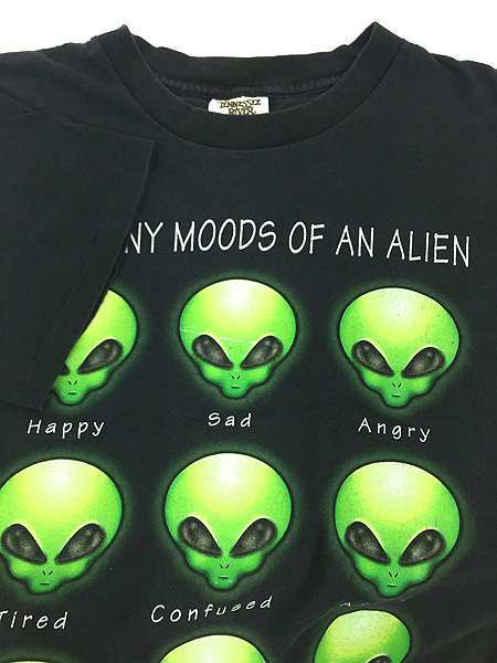 古着 90s USA製 「My Many Moods」 宇宙人 エイリアン 表情 イラスト Tシャツ L 古着_画像4