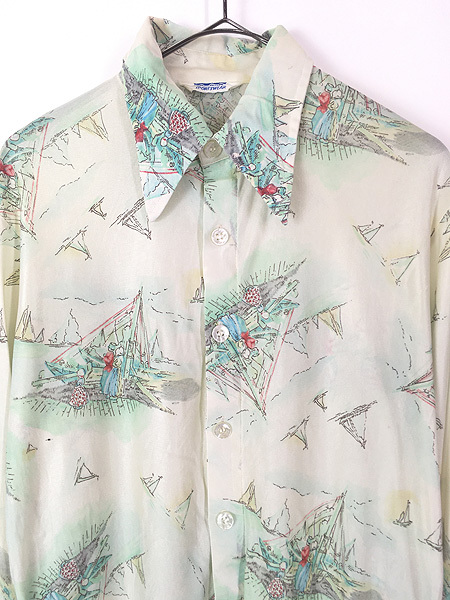  lady's old clothes 80s sea Marina boat picture print total pattern polyester shirt poly- shirt L rank old clothes 